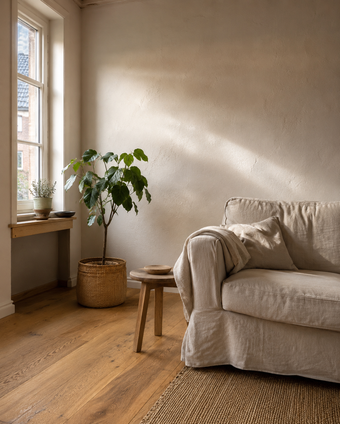 Behaglicher Wohnraum mit mineralischer Wand, Holzboden und natürlichen Materialien